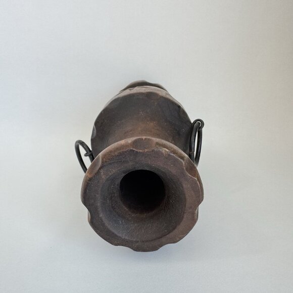 Vintage Carved Wood Vase Hand Turned Metal O Ring Handles Polynesian Tiki Style - Picture 6 of 9